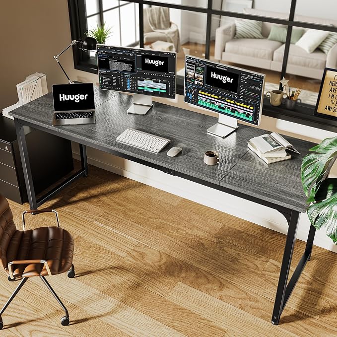 Huuger Computer Desk, 70 Inch Office Desk, Gaming Desk with Storage, Writing Desk Work Desk for Home Office, Study, Long Simple Desk, Large Legroom, Metal Frame, Grey