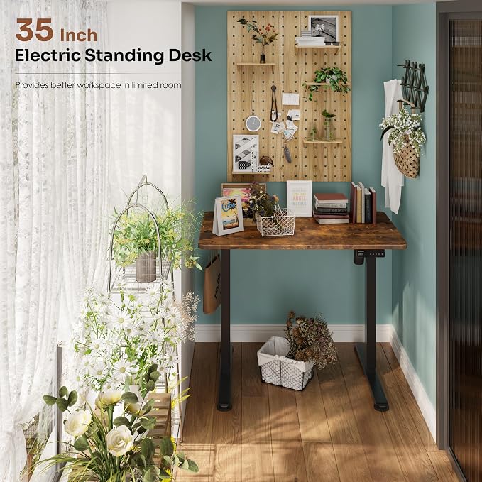 Monomi Small Electric Standing Desk, 35" x 20" Whole Piece Height Adjustable with Memory Controller, Sit to Stand Desk Workstation for Home Office, Rustic Brown