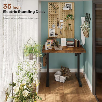 Monomi Small Electric Standing Desk, 35" x 20" Whole Piece Height Adjustable with Memory Controller, Sit to Stand Desk Workstation for Home Office, Rustic Brown
