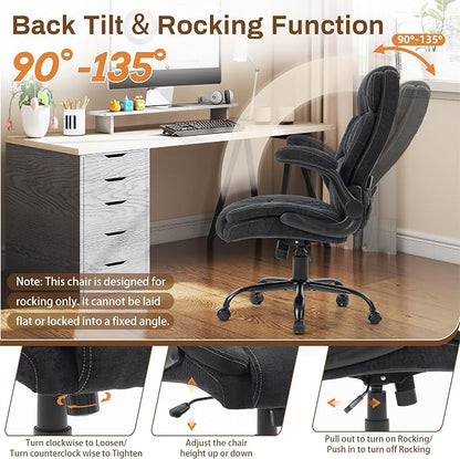Massage Office Chair, 500LBS Ergonomic Rocking Executive Desk Chairs with 4 Points Vibration&Heat,Padded Flip-up Armrests for Big and Tall Office Chair,Swivel Computer Chair Thicken Back,Fabric Black