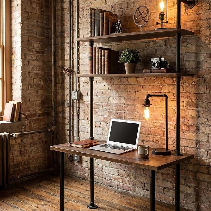 Industrial Pipe Desk with 3 Tier Shelves, Rustic Solid Wood Writing Workstation, Sturdy Metal Frame for Home Office Study Living Room Decor(40" L)