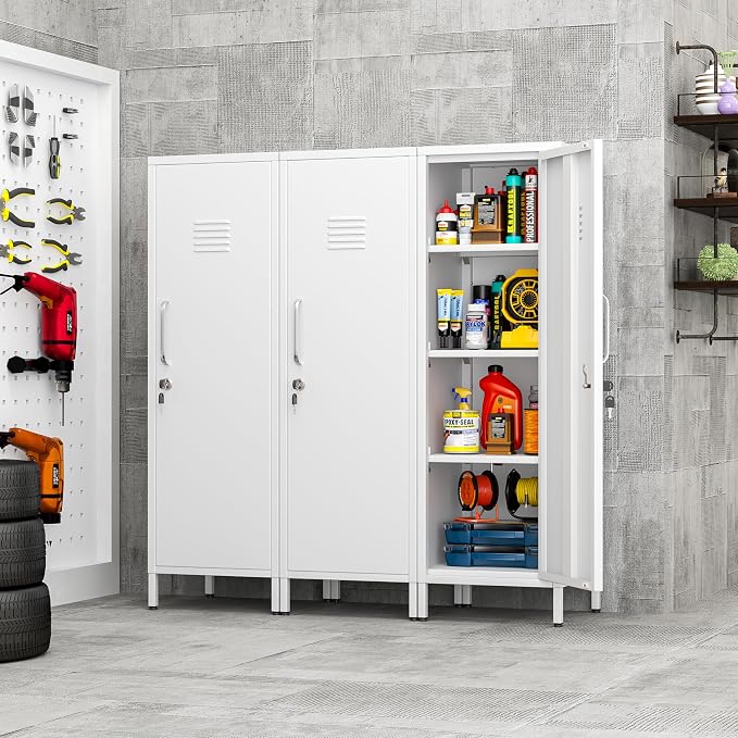 pozdeg 47.24" Metal Storage Locker with Lockable, Employees Metal Steel Locker with 1 Door ＆ 3 Adjustable Shelves, Small Locker Storage Cabinets for Home, School, Office, Gym (White)
