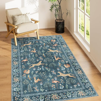 DUKINO 3x5 Rug, Washable Animal Area Rug with Non Slip Vintage Design, Indoor Soft Low Pile Carpet for Bedroom, Nursery, Dining Room, Farmhouse, Playroom, Blue