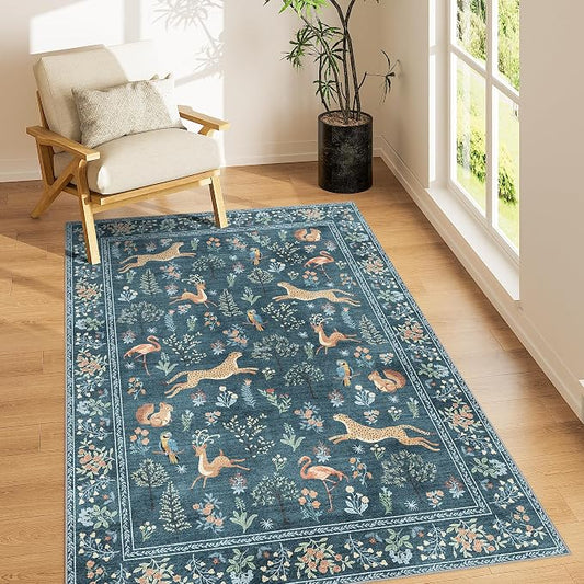 DUKINO 3x5 Rug, Washable Animal Area Rug with Non Slip Vintage Design, Indoor Soft Low Pile Carpet for Bedroom, Nursery, Dining Room, Farmhouse, Playroom, Blue