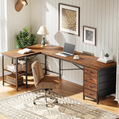 Huuger 63 Inch L Shaped Desk with Fabric Drawers, Computer Office Desk with Power Outlets and USB-C Port, Corner Desk with Storage Shelves, Work Study Home Office, Reversible, Rustic Brown, 1CD079F