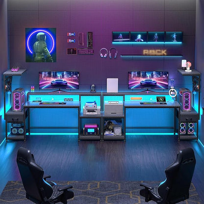 DurayLoly 55" Gaming Desk with LED Lights & Outlets,Computer Desk with Drawers & Monitor Stand,Gaming Table with 3 Storage Shelves, Hooks& Printer Space for Game&Study Room,Home Office,Bedroom,Black