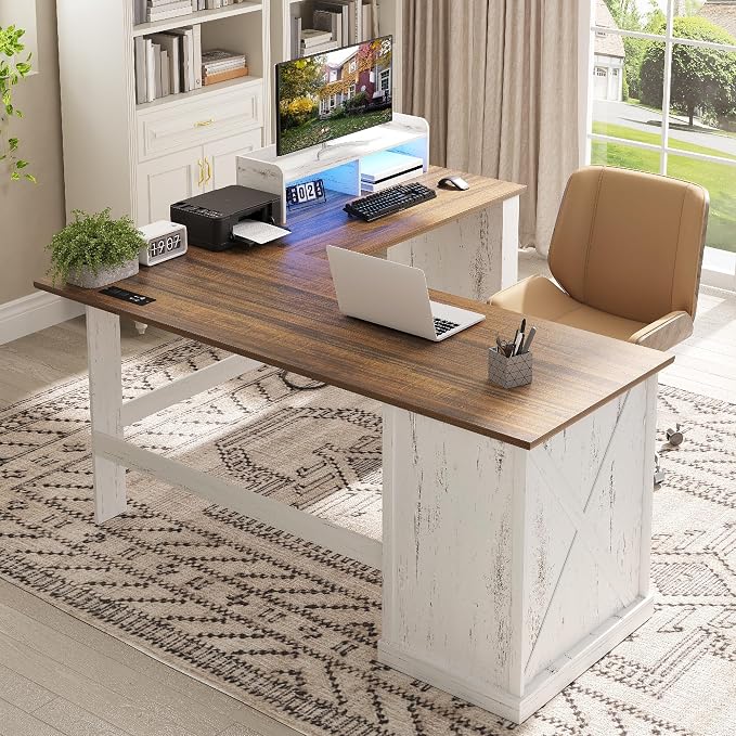 Lareth Executive L Shaped Desk with Monitor Stand, 59 inch Farmhouse Corner Computer Desk with Power Outlets & LED Lights, Home Office Desk with File Cabinet for Working Gaming Writing, White