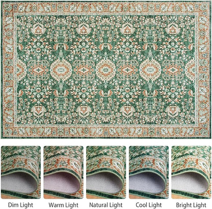 Goideal Washable Rug 4x6, Vintage Area Rugs Non Slip, Indoor Low Pile Carpet with Rubber Backing for Living Room Kitchen Bathroom Entryway Office Bedroom, Green & Orange