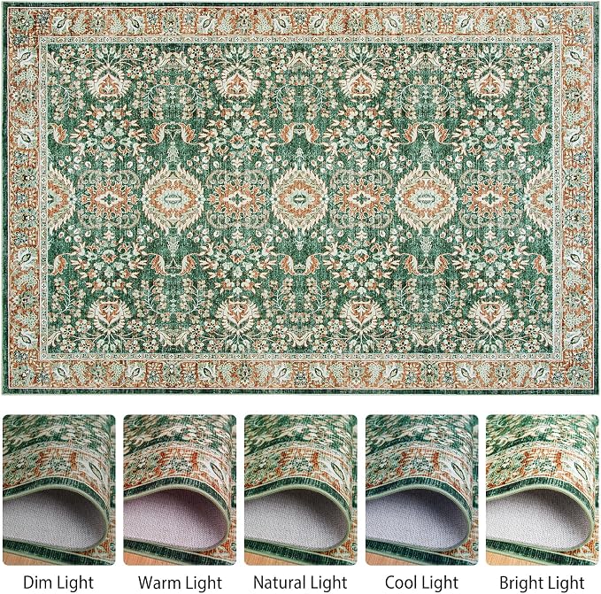 Goideal Washable Rug 5x7, Vintage Area Rugs Non Slip, Indoor Low Pile Carpet with Rubber Backing for Living Room Kitchen Bathroom Entryway Office Bedroom, Green & Orange