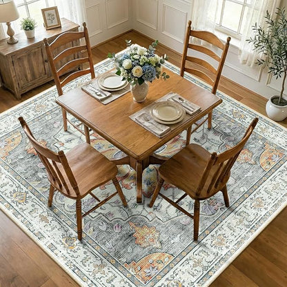 RELEANY Area Rugs Square 8ft Washable Non-Slip, Floral Vintage Distress Medallion Carpet for Living Room Bedroom Dining Room, Beige Carbon Grey Orange