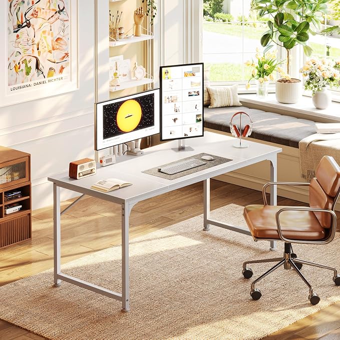 PRAISUN 47 Inch Computer Desk, Home Office Desk with Spacious Desktop, Modern Gaming Desk, Writing Study Table for Bedroom, Small Spaces, Work from Home Desk with Metal Frame, White