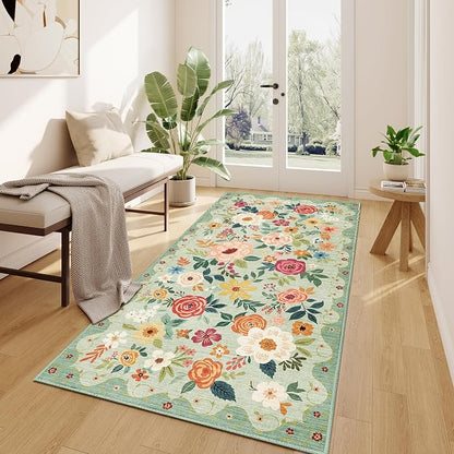 DUKINO 3x6 Runner Rug, Washable Soft Floral Hallway Runner Rug with Non Slip, Low Pile Thin Floor Carpet for Kitchen, Bathroom, Entryway, Laundry, Entryway, Green