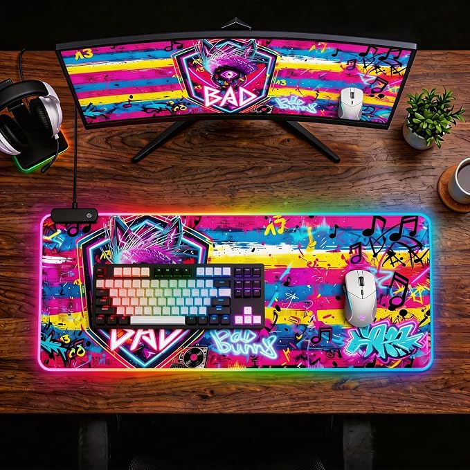 Cyberpunk Neon Rabbit RGB Gaming Mouse Pad – 31.5"x11.8" Large LED Desk Mat with Urban Street Art Design Third Eye, Shield & Straw Hat Motif for PC & Laptop Setup