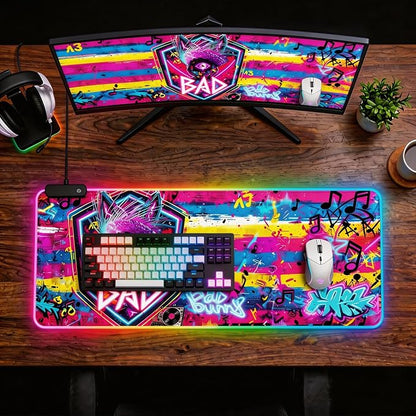 Cyberpunk Neon Rabbit RGB Gaming Mouse Pad – 31.5"x11.8" Large LED Desk Mat with Urban Street Art Design Third Eye, Shield & Straw Hat Motif for PC & Laptop Setup
