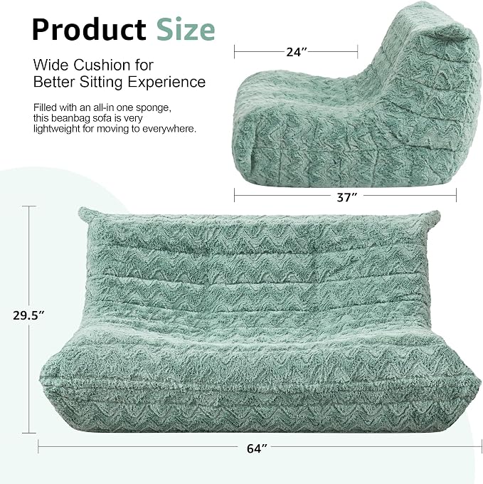 Hobestluk Large Bean Bag Chair Faux Fur BeanBag Couch for Living Room | Green Chevron, Loveseat,Ergonomic Design,Memory Foam,Anti-slip Bottom,No Assembly Required,Decorative Style for Living Room