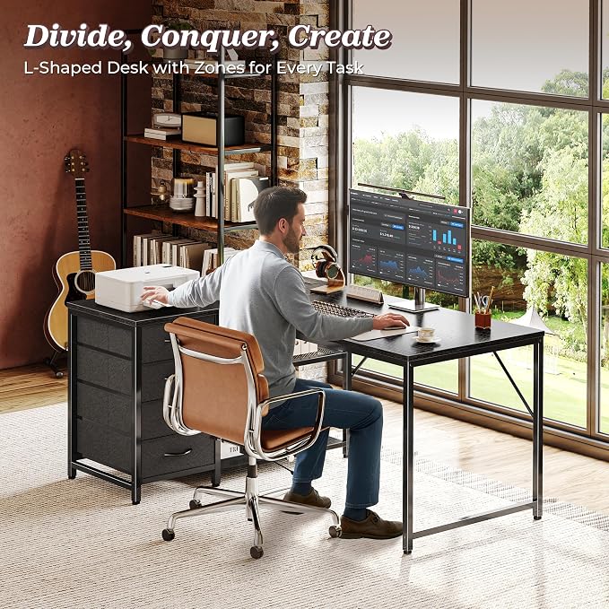 PRAISUN 43.3" Small Computer Desk with Power Outlets & USB-C Port, Reversible L Shaped Corner Office Desk with 4 Fabric Drawers and 2 Adjustable Storage Shelves, for Gaming Writing, Black