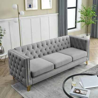 mikibama 80.5" Velvet 3 Seater Sofa Couch for Living Room,Button Tufted 3-Seat Couches with Nailhead Trims,Modern Upholstered Sofas with Golden Metal Legs for Bedrooom,Office