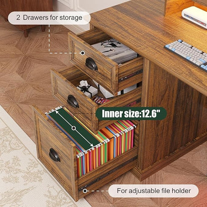 Lareth L Shaped Desk with Monitor Stand Farmhouse Computer Desk with LED Lights, Executive L Corner Desk with Power Outlets, Home Office Desk with Storage File Drawers for Home Working Gaming, Walnut