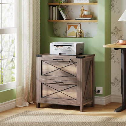 DEVAISE Lateral File Cabinet with Lock, 2 Drawers & Charging Station, Farmhouse Wood Printer Stand with Large Storage, Fits A4/Letter/Legal Hanging Files, Dark Brown