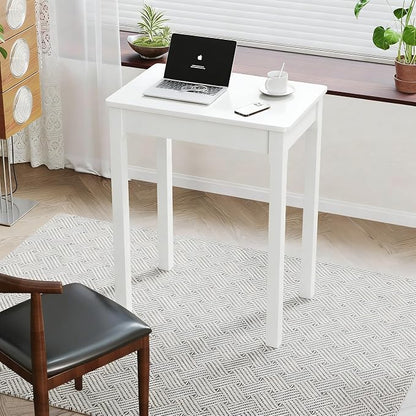 Solid Wooden Desk with Drawers - 24 x 16 Inch Narrow Desks for Small Spaces, Rubberwood Simple Study Table, Small Writing Desk for Bedroom - Modern White Desks