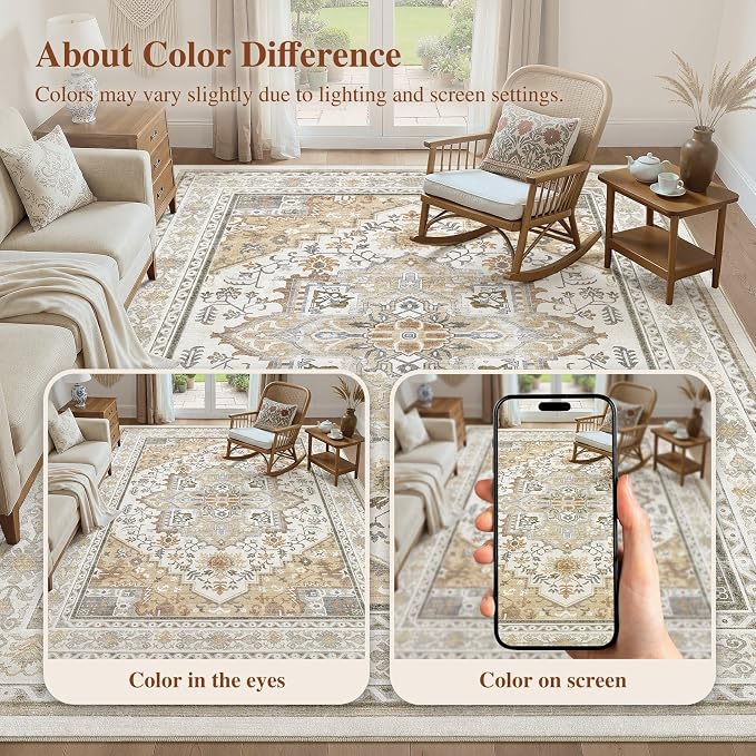 UERMEI 6x9 Area Rug for Living Room - Washable Vintage Carpet, Non-Slip Soft Large Indoor Floor Rugs for Bedroom Home Office & Under Dining Table Decor, Brown Beige