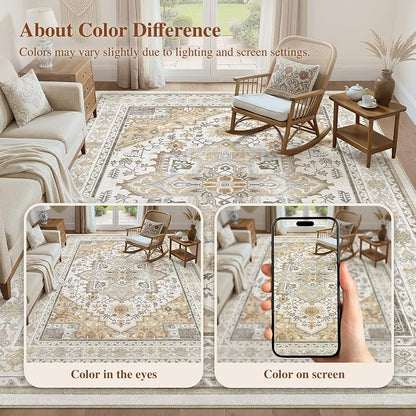 UERMEI 8x10 Area Rug for Living Room - Washable Vintage Carpet, Non-Slip Soft Large Indoor Floor Rugs for Bedroom Home Office & Under Dining Table Decor, Brown Beige