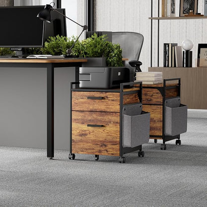 EUREKA ERGONOMIC 2 Drawer Mobile File Cabinet with Wheels, Solid Wood Rolling Storage Cabinet for Home Office, Space-Saving Under Desk Organization with Printer Stand, Rustic Brown