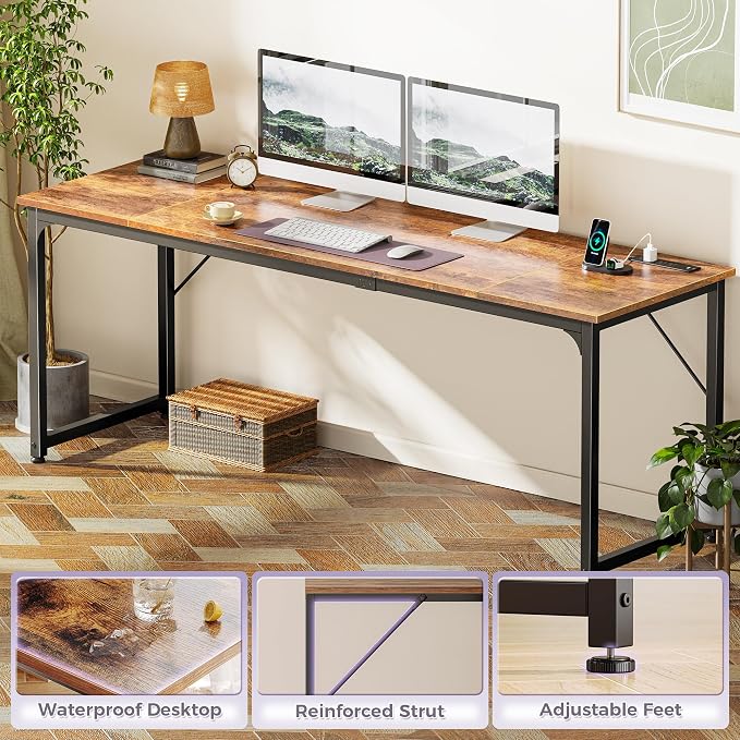 PRAISUN 80 X 24 Inch Office Computer Desk with Power Outlets and USB-C Port, Larger and Longer Gaming Desk, for Home Office, Study, Writing Work from Home Table, Metal Frame, Rustic Brown