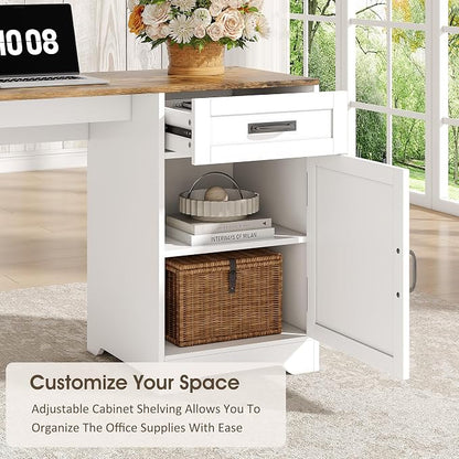 Whalefall 63'' Farmhouse L Shaped Desk with Monitor Stand Shelves, White | Corner Computer Desk with Drawers, Executive Home Office L Desk with File Cabinet Storage and Charging Station
