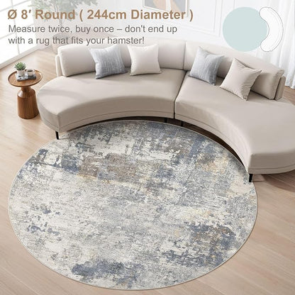 UERMEI 8ft Round Area Rug Living Room Rugs - 8x8 Washable Neutral Modern Abstract Soft Thin Rug Indoor Floor No Slip Rug Carpet for Bedroom Under Dining Table Home Office Decor - Blue Grey