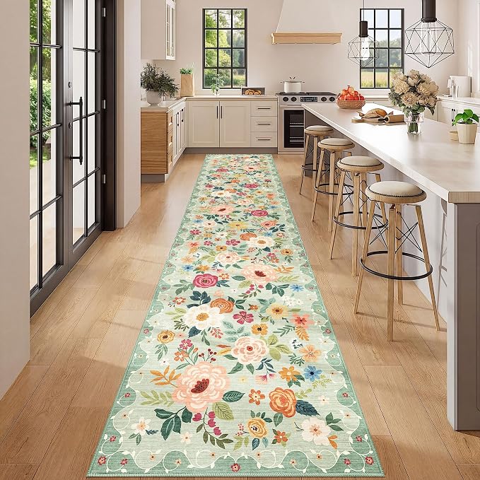 DUKINO 2.6x12 Kitchen Runner Rug, Lightweight Floral Washable Rug for Hallway, Boho Low Pile & Non Slip Backing Soft Floor Carpet for Entryway, Bedroom, Bathroom, Laundry, Green