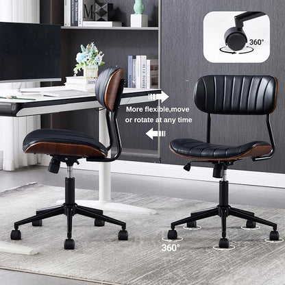 Modern Walnut Home Office Chair，Adjustable Height Desk Chair with Wheels，Armless Computer Chair for Office, Reading Meeting Room, Black