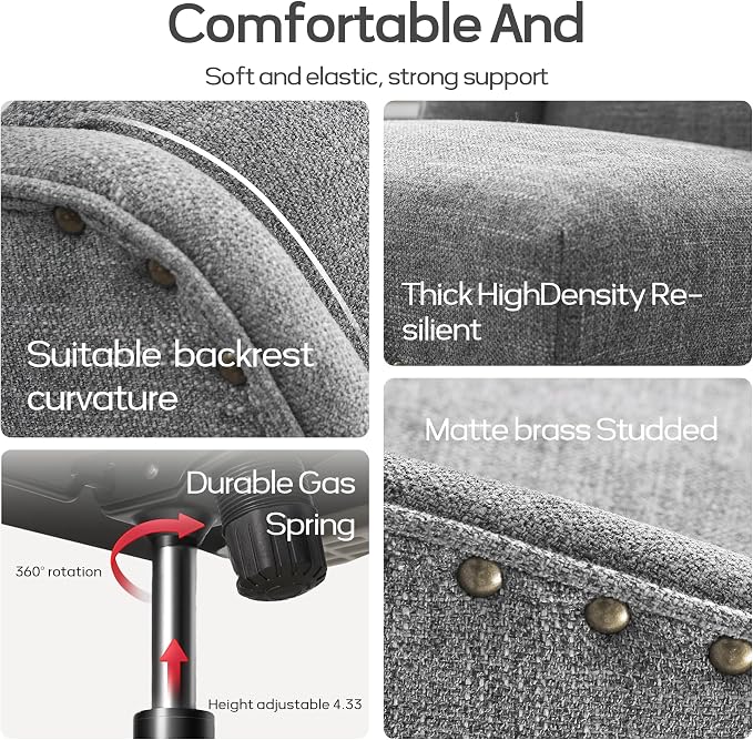 Zihanhome Upholstered Armless Home Office Chair with Wooden Legs, Modern Office Desk Chair No Arms Sewing Chair Adjustable Swivel Desk Chair for Farmhouse Office Study Studio (Dark Gray)