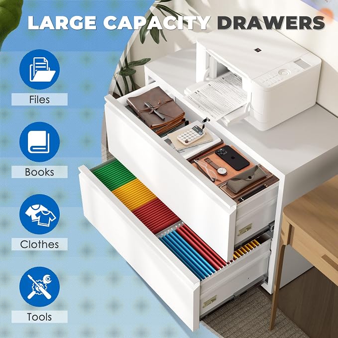 INTERGREAT White File Cabinet 2 Drawer, Metal Lateral Filing Cabinet with Lock, Office File Cabinets with Anti-tilt Mechanism for Letter/Legal/A4/F4, Easy Assemble