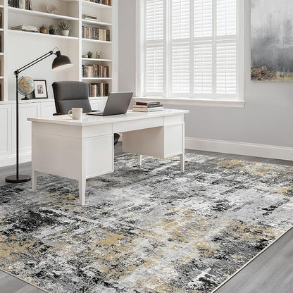 7x9 Area Rug Living Room: Washable Large Abstract Neutral Modern Soft Rug Stain Resistant Indoor Floor Non-Slip Accent Carpet for Bedroom Nursery Playroom Dining Room Office Dorm Home- Black Gold