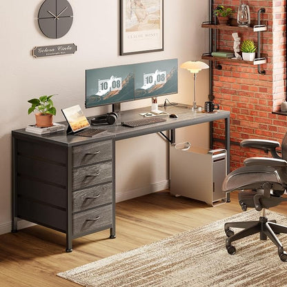 PRAISUN 55.1 Inch Computer Office Desk with Power Outelts and USB-C Port, Reversible Gaming Desk with 4 Fabric Drawers, Work Study Desk Work from Home, Grey