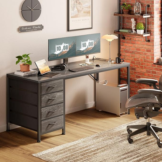 PRAISUN 55.1 Inch Computer Office Desk with Power Outelts and USB-C Port, Reversible Gaming Desk with 4 Fabric Drawers, Work Study Desk Work from Home, Grey