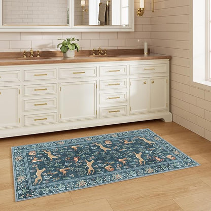 DUKINO 2x4 Rug for Hallway, Washable Kitchen Runner Rug with Non Slip Backing, Soft Low Pile Vintage Animal Runner for Bedroom, Kitchen, Hallway, Entryway, Laundry, Blue