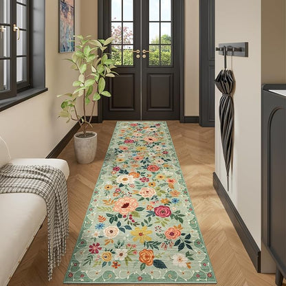 DUKINO 2.6x12 Kitchen Runner Rug, Lightweight Floral Washable Rug for Hallway, Boho Low Pile & Non Slip Backing Soft Floor Carpet for Entryway, Bedroom, Bathroom, Laundry, Green