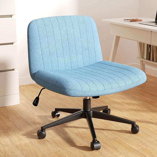 Criss Cross Chair with Wheels, Cross Legged Office Chair, Armless Office Chairs Adjustable Height Swivel Tilting Fabric Vanity Chairs for Home Bedroom (Blue)