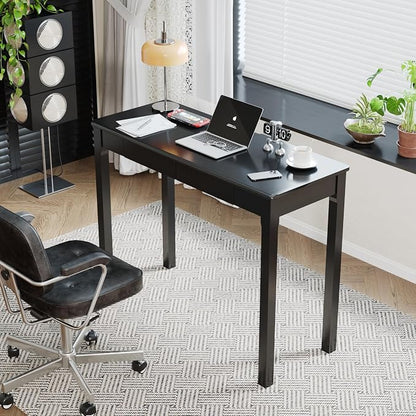 Solid Wood Desk with Drawers - 39 x 16 Inch Simple Narrow Desks, Rubber Wood Study Table, Small Writing Desk for Small Spaces|Bedroom - Modern Black Desks