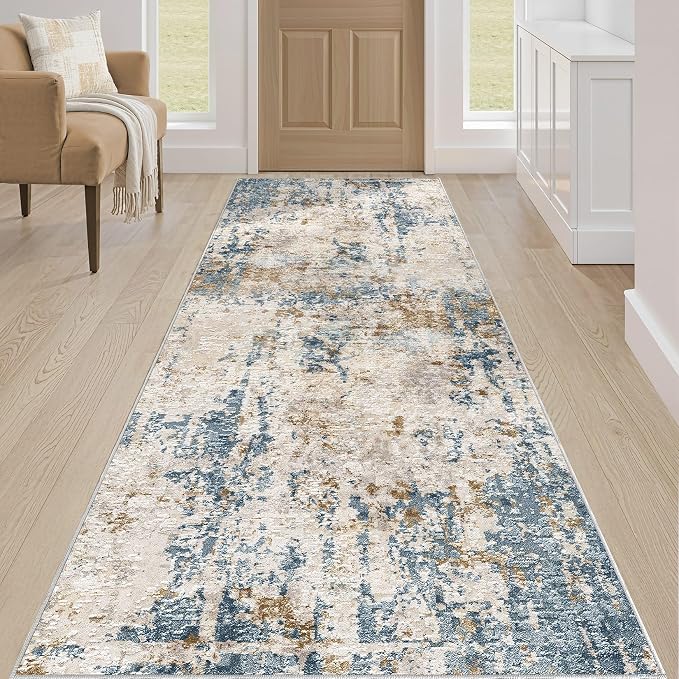 Runner Rug Kitchen Washable Rugs: 3x10 Non-Slip Abstract Soft Modern Stain Resistant Indoor Floor Neutral Accent Throw Carpet for Hallway Bathroom Laundry Room Entryway Bedroom- Blue Tan