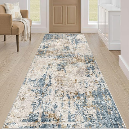 Runner Rug Kitchen Washable Rugs: 3x10 Non-Slip Abstract Soft Modern Stain Resistant Indoor Floor Neutral Accent Throw Carpet for Hallway Bathroom Laundry Room Entryway Bedroom- Blue Tan