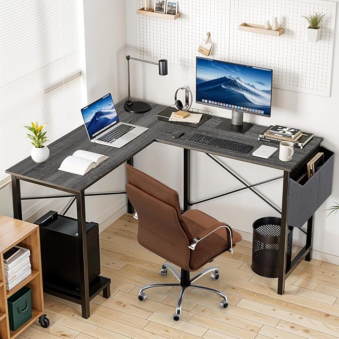 L Shaped Desk Gaming Computer 50 Inch Corner Desks Work Table for Writing Study Student with Wood Tabletop Metal Frame CPU Stand Side Bag for Home Office Small Place, Grey