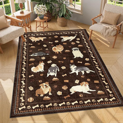 DUKINO 4x6 Area Rug, Non Slip Washable Rug for Living Room with Low Pile Design, Lightweight & Non Shedding Animal Dog Print Indoor Soft Carpet for Bedroom, Dining Room, Kids Room, Office, Brown