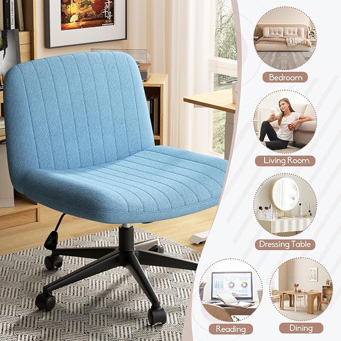 SUNLEI Cross Legged Office Chair with Wheels, Armless Wide Chair's for Vanity Desk, Criss Cross Comfy Chairs with Back, Desk Chair/s of Height Adjustable Swivel, Blue