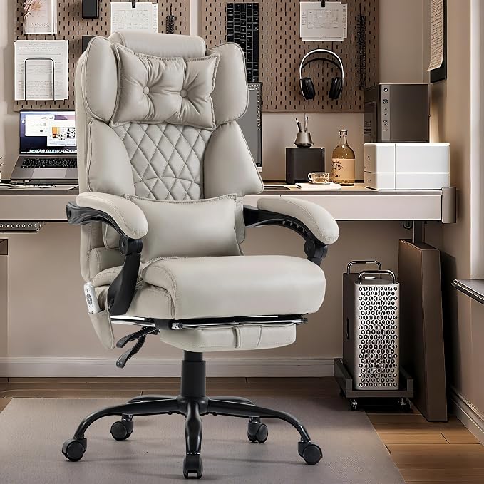 Massage Office Chair with Foot Rest,6 Points Vibration & Heat Executive Office Chairs,Big and Tall Office Chair 500LBS,Ergonomic Desk Chair for Heavy People,Recliner with Dual-Use Pillow,Beigepu