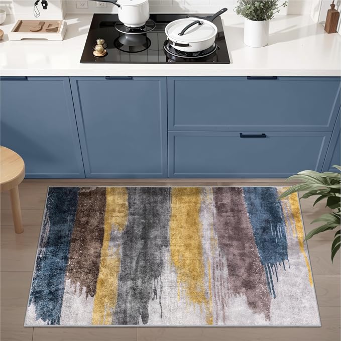 Ciicool Modern Abstract Area Rug 2x3 Washable Small Entryway Rugs, Non-Slip Low Pile Throw Rug, Foldable Kitchen Bathroom Rugs, Yellow Grey Blue Floor Carpet for Entrance Bedroom Indoor Doormat
