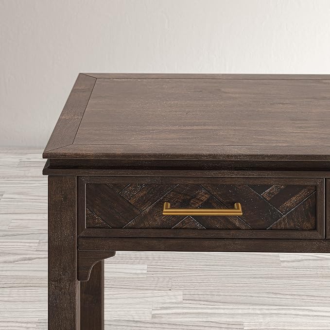 Jofran Mid-Century Modern Acacia Wood Writing Desk with 3 Drawers and USB Charging Port, 48 Inch Computer Desk for Home Office Work, Dark Chevron