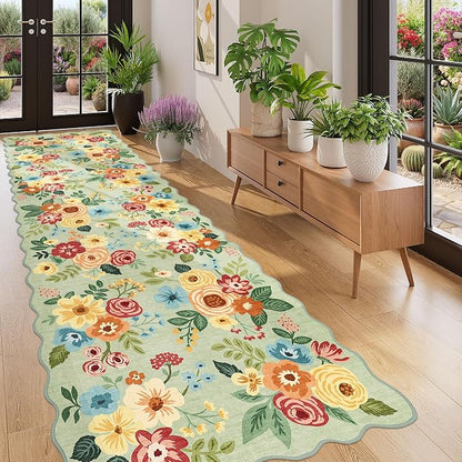 DUKINO 3x10 Washable Runner Rug, Non Slip Floral Ultra Soft Runner for Hallway, Lightweight Low Pile & Stain Resistant Long Throw Carpet for Kitchen, Bathroom, Entrance, Bedroom, Kids Room, Green